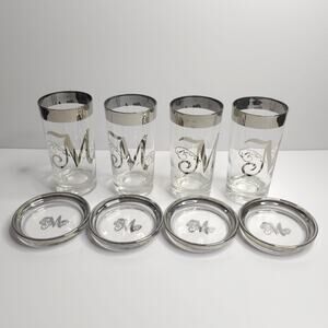 Set of 4 Each Vintage Glastonbury Lotus "M" Monogrammed Tumblers & Coasters